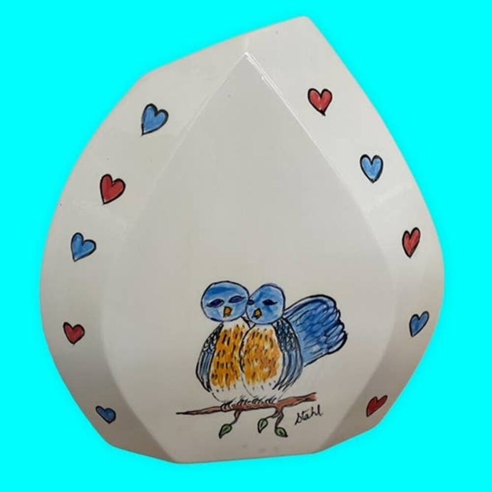 Vtg Bluebird Vase signed Stahl Ceramic White Vase Hand Decorated MCM